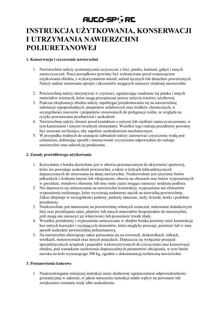 Pierwsza strona instrukcji użytkowania nawierzchni poliuretanowej