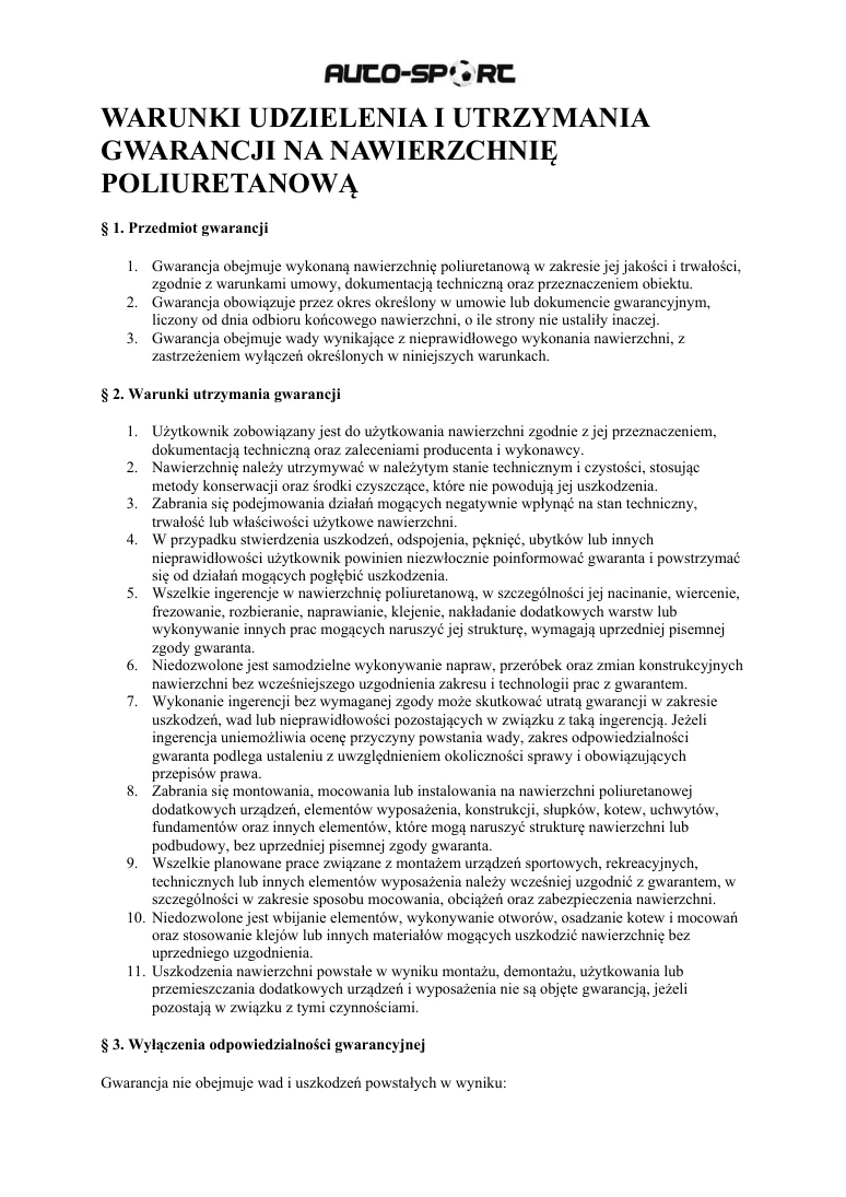 Pierwsza strona warunków udzielenia i utrzymania gwarancji